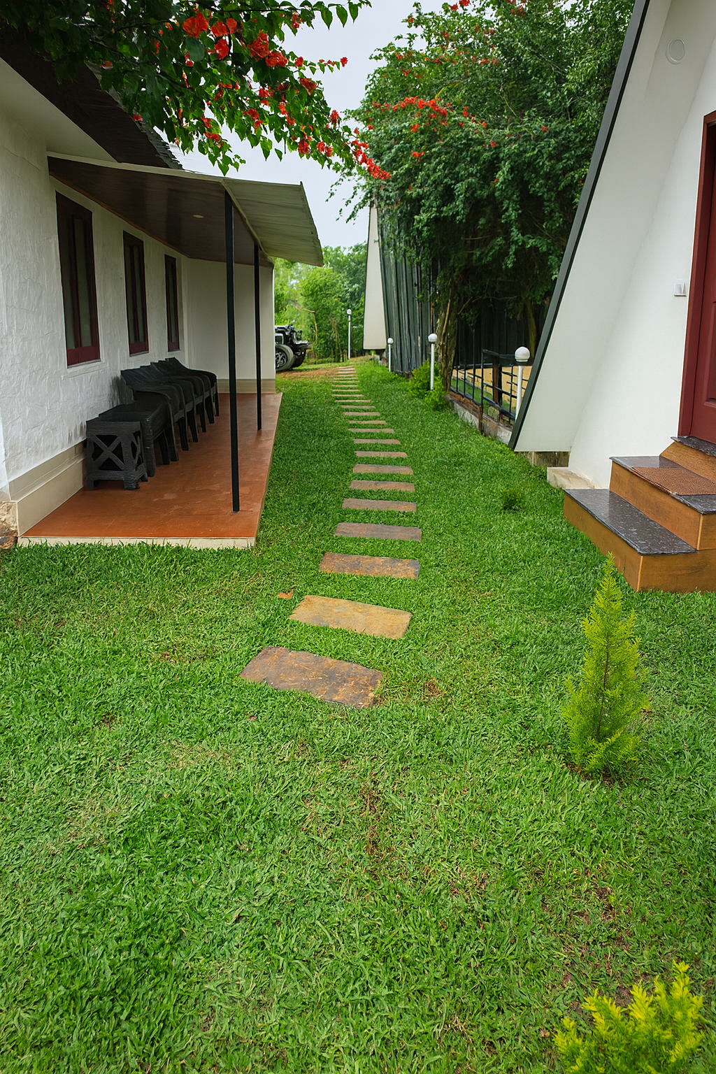 Warm interior of an A-frame cottage